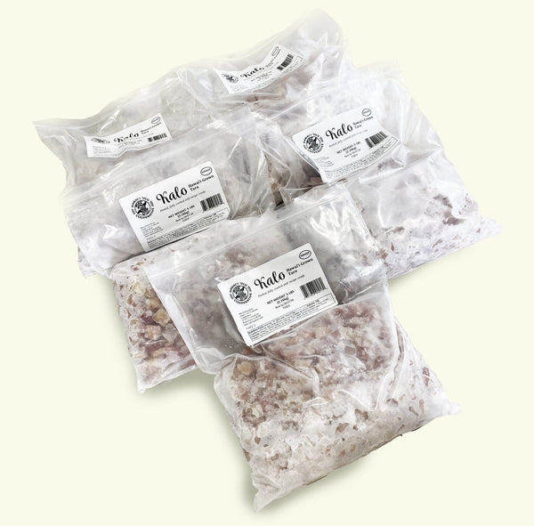 Sealed frozen bags of kalo (taro)