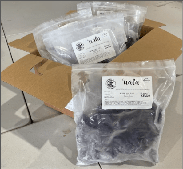 Sealed bags of chopped ʻuala (Okinawan sweet potato)